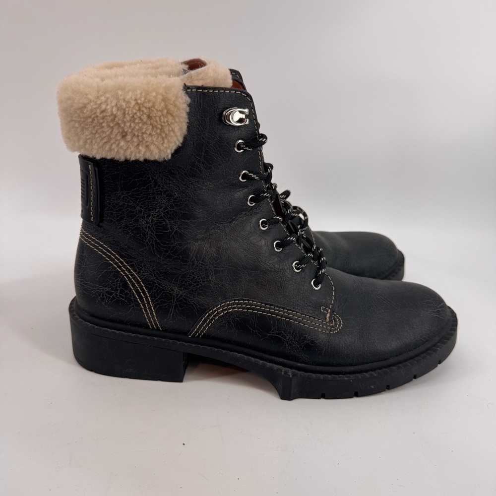 Coach Black fuzzy combat boots